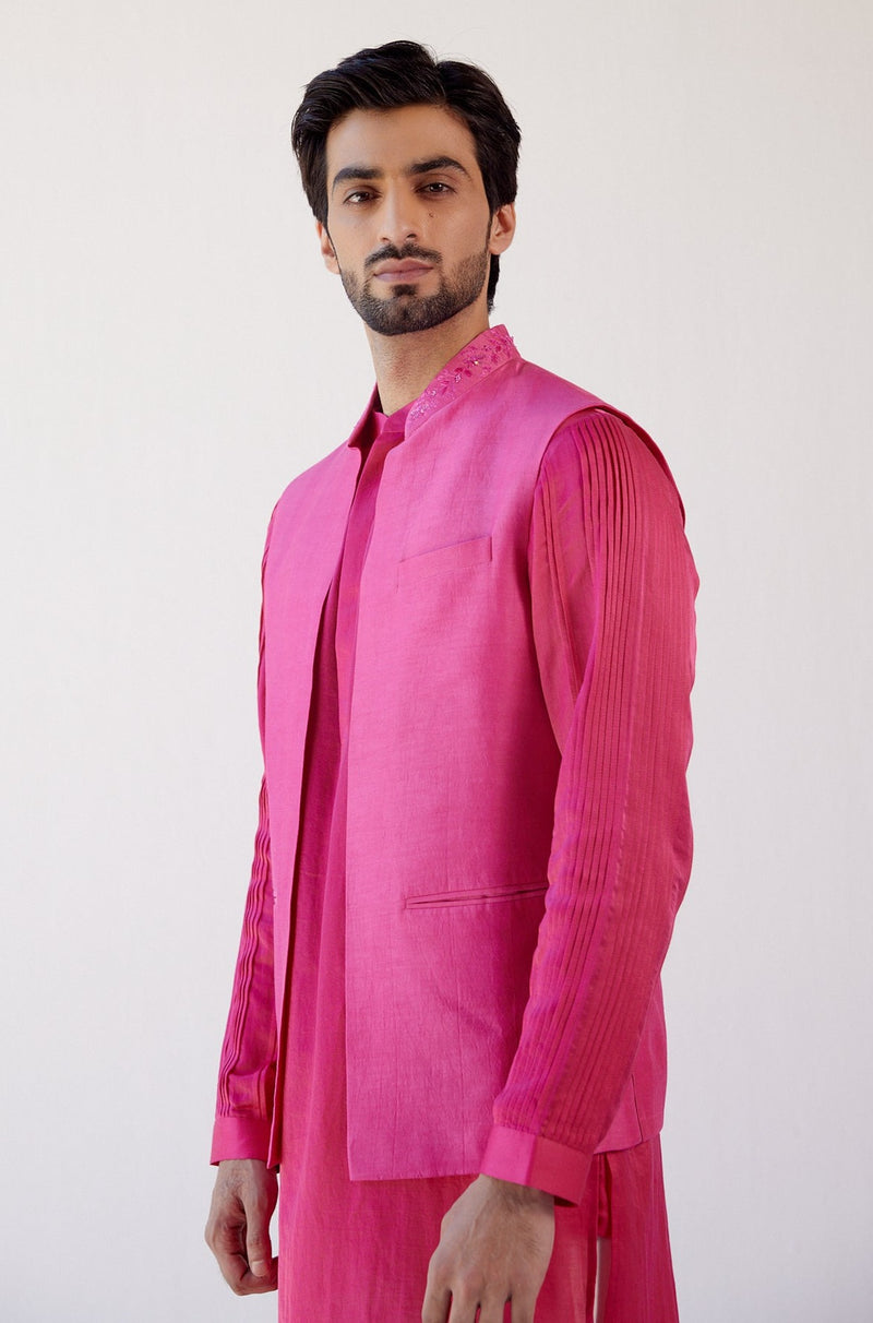 Fuchsia Pink Cotton Silk Satin Kurta with Bundi Set