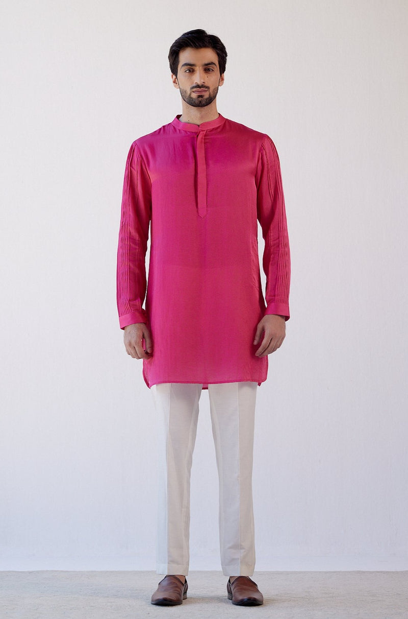 Fuchsia Pink Cotton Silk Satin Kurta with Bundi Set