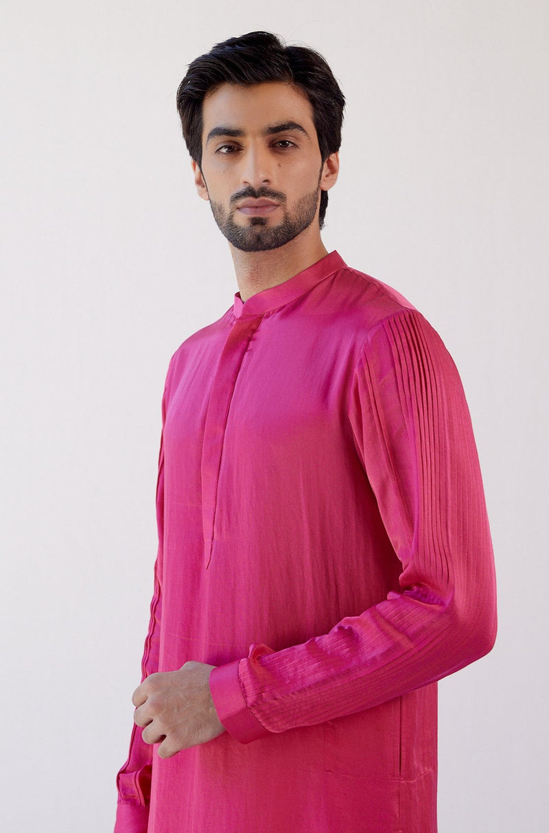 Fuchsia Pink Cotton Silk Satin Kurta with Bundi Set