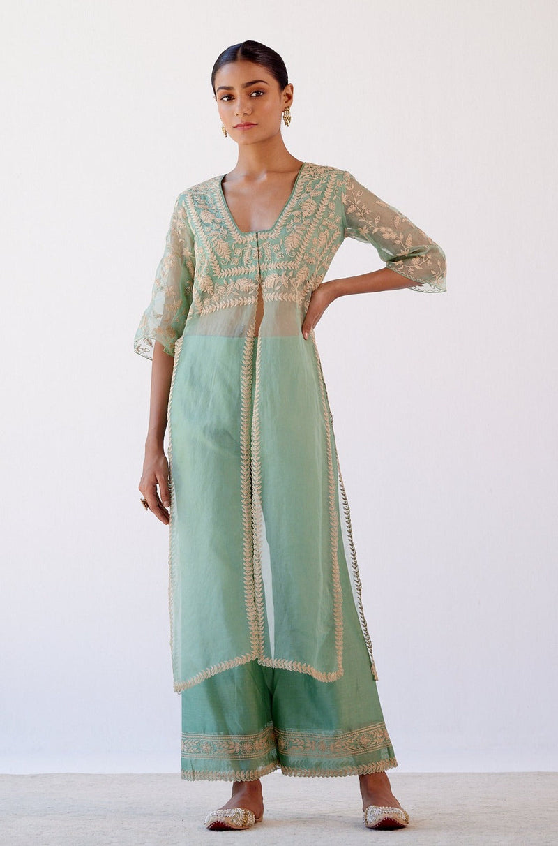 Janhvi Kapoor in Sage Green Slit Silk Organza Kurta Set