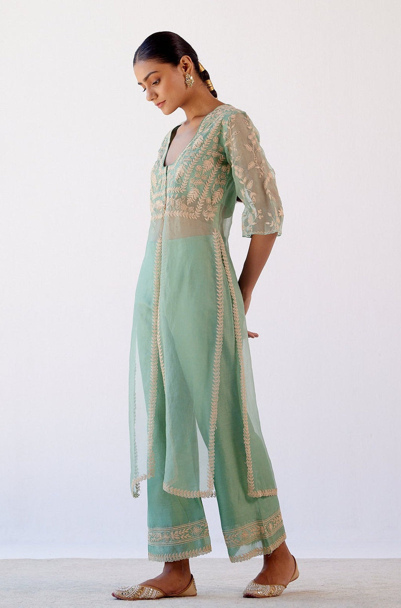 Janhvi Kapoor in Sage Green Slit Silk Organza Kurta Set