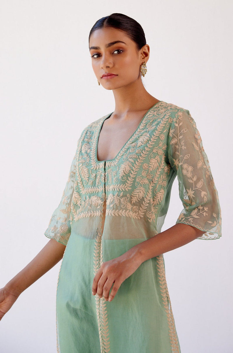 Janhvi Kapoor in Sage Green Slit Silk Organza Kurta Set