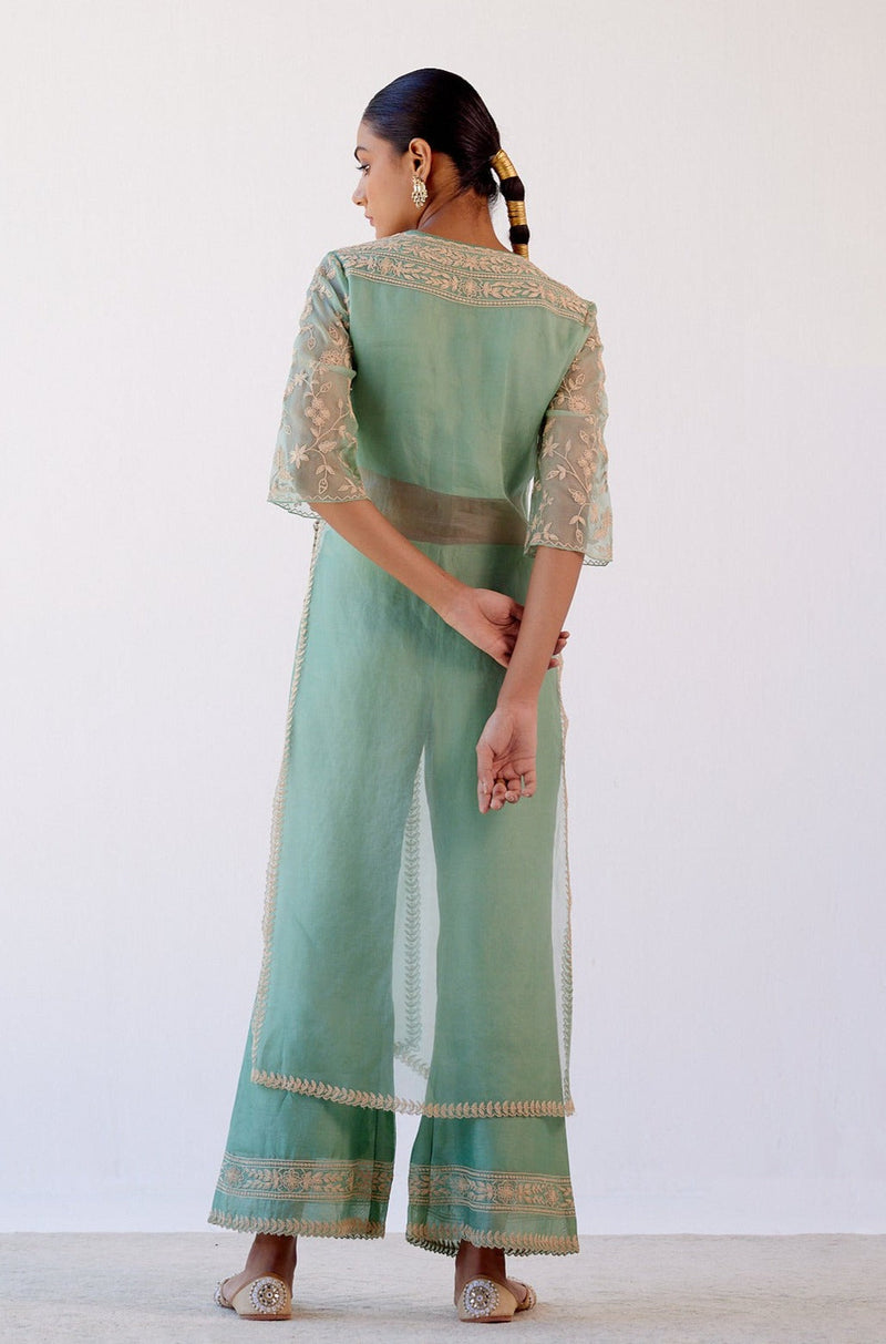 Janhvi Kapoor in Sage Green Slit Silk Organza Kurta Set