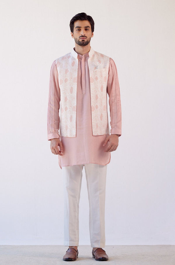 Blush Pink Cotton Silk Satin Kurta with Bundi Set