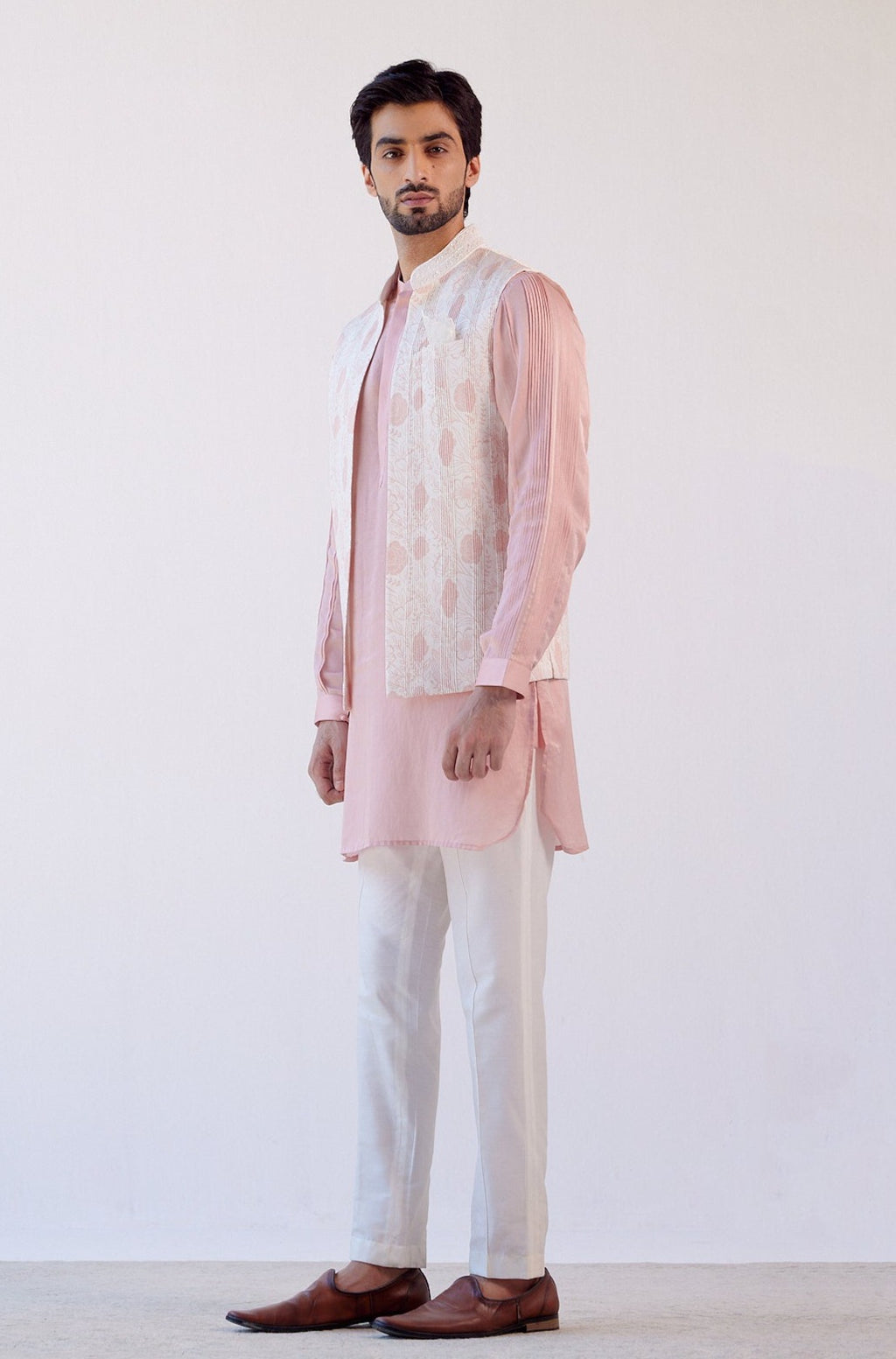Blush Pink Cotton Silk Satin Kurta with Bandi Set