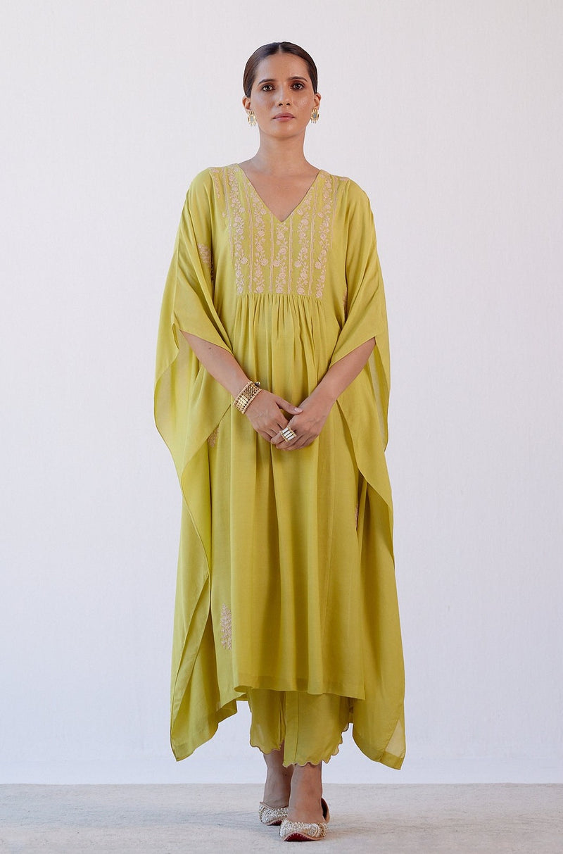 Lime Green Embroidered Kaftan Set