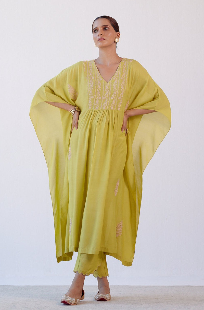 Lime Green Embroidered Kaftan Set