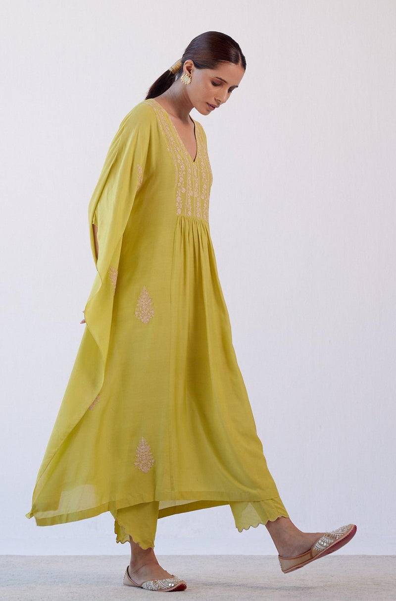 Lime Green Embroidered Kaftan Set