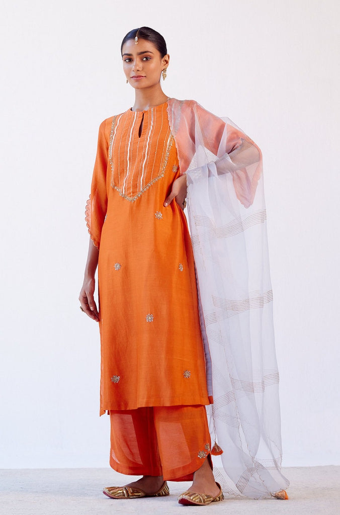 Orange Hand Embroidered Kurta Set