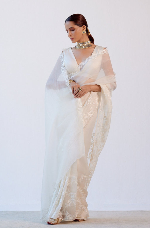 Ivory Organza Embroidered Saree
