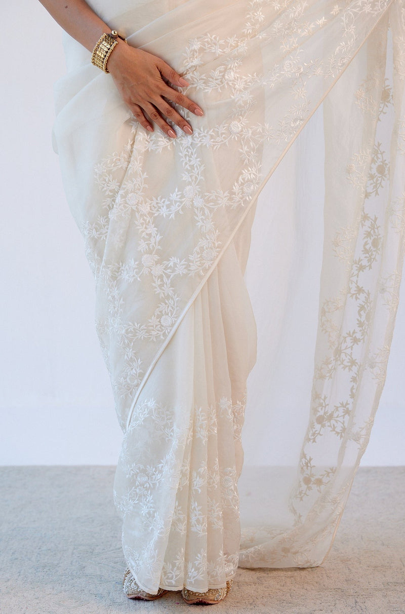 Ivory Organza Embroidered Saree