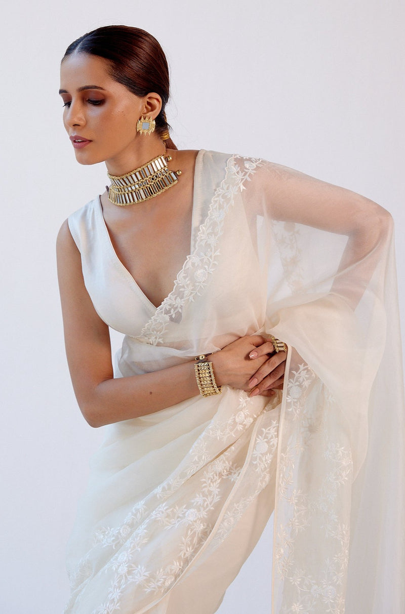 Ivory Organza Embroidered Saree