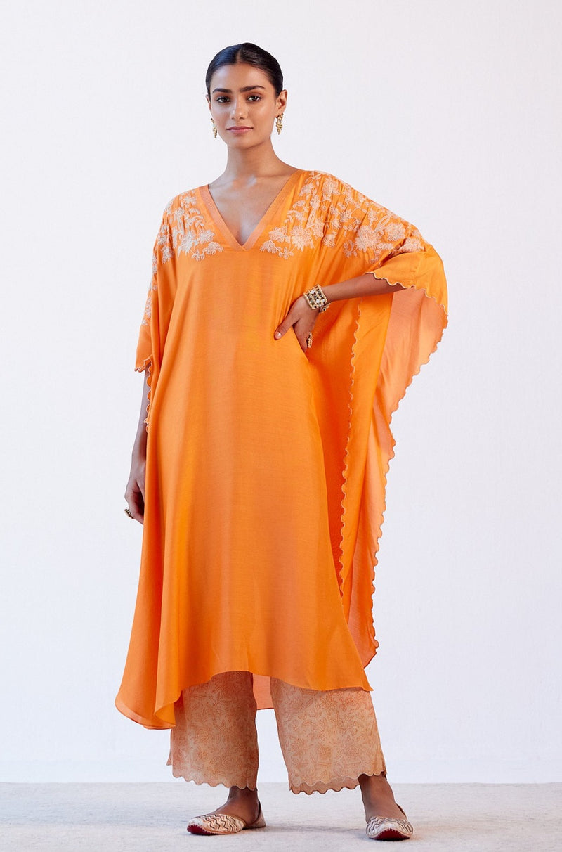 Orange Embroidered Kaftan Set