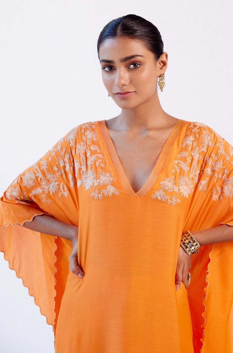 Orange Embroidered Kaftan Set