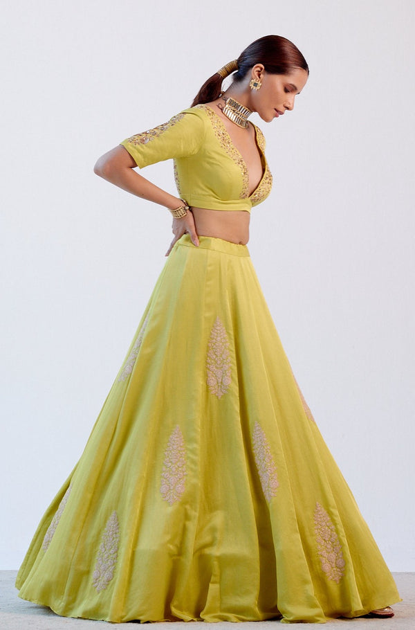 Lime Green Resham Embroidered Cotton Silk Lehenga