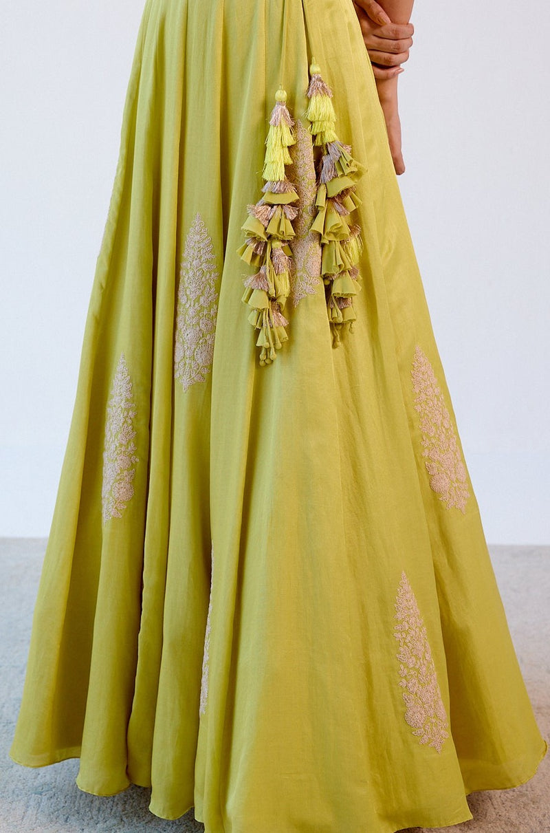 Lime Green Resham Embroidered Cotton Silk Lehenga