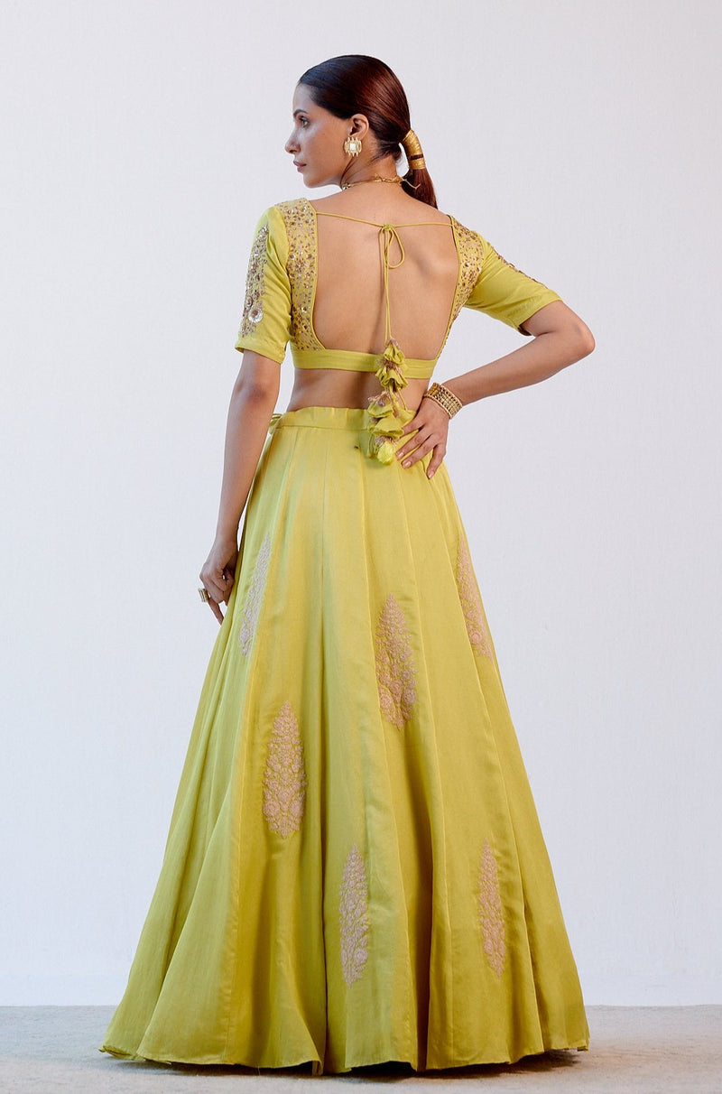 Lime Green Resham Embroidered Cotton Silk Lehenga