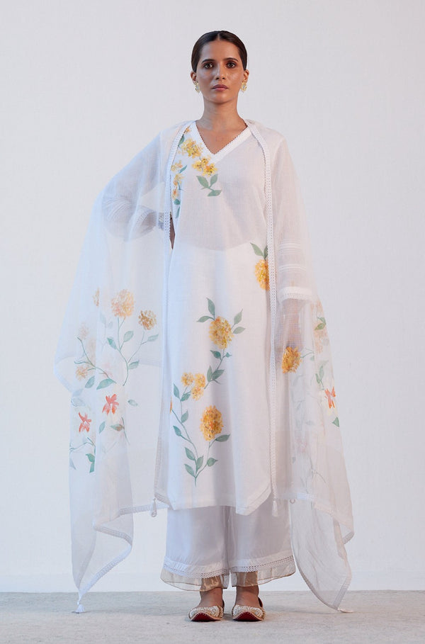 Ivory Kota Hand Paint Kurta Set