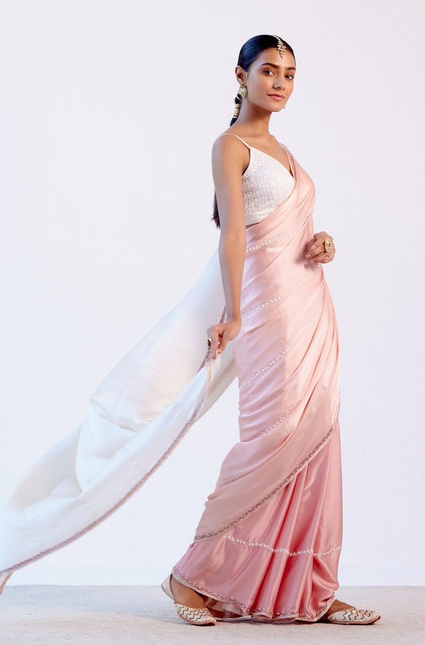 Blush Pink Ombre Silk Satin Saree