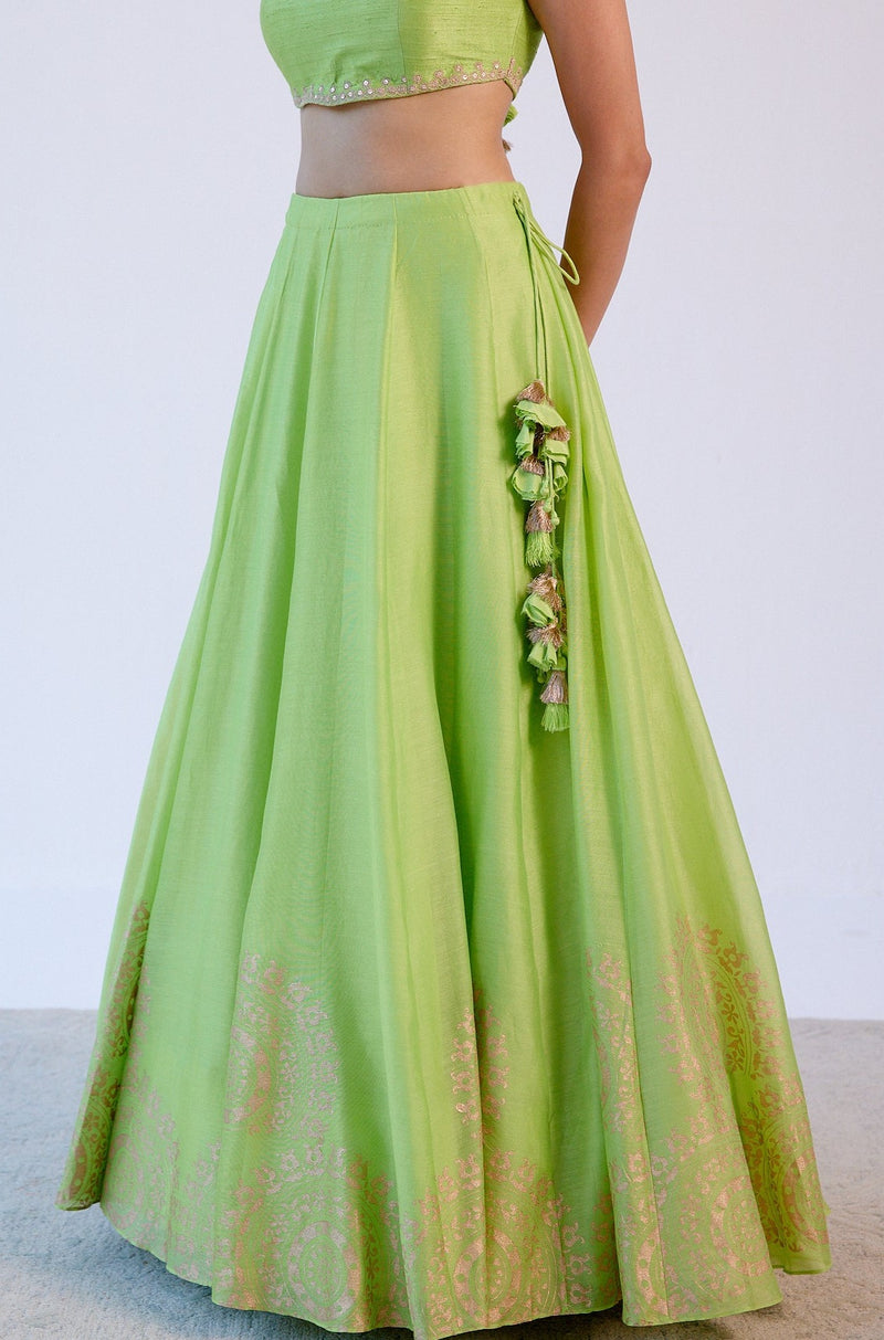 Green Hand Block Print Lehenga