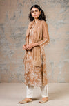 Dark Beige Cotton Silk Blend Hand Block Printed Kurta With Pants And Scarf
