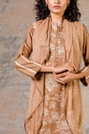 Dark Beige Cotton Silk Blend Hand Block Printed Kurta With Pants And Scarf