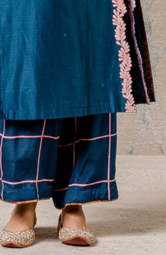 Midnight Blue Straight kurta with Block Printed Pallazo