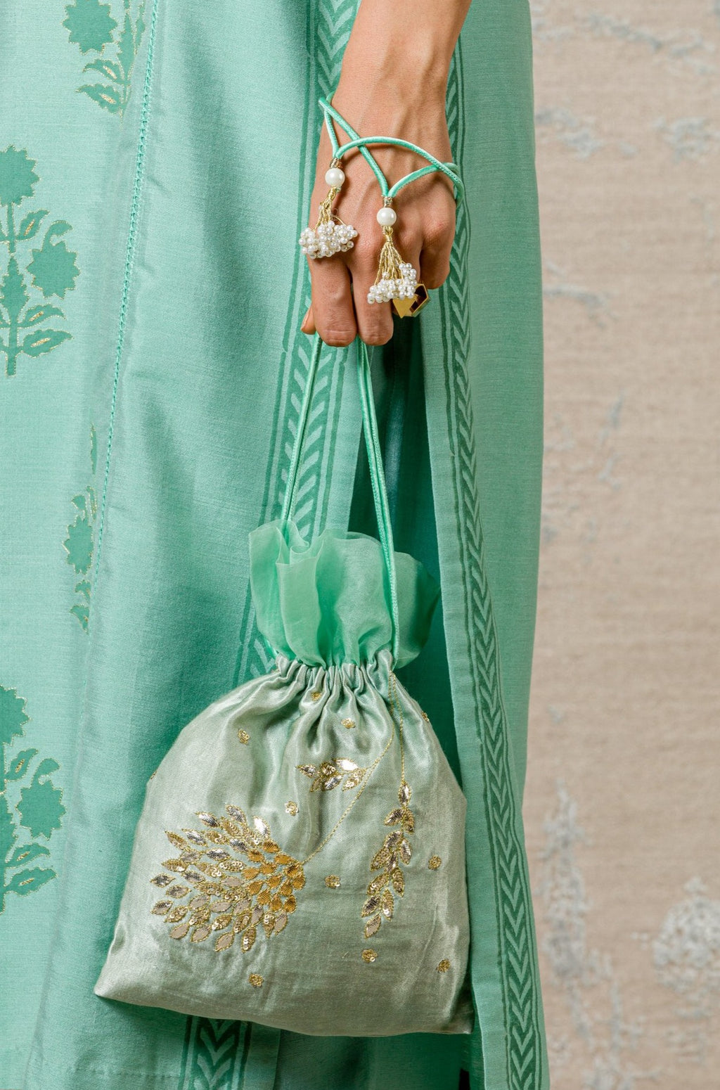 Sage Green Embroidered Potli Bag