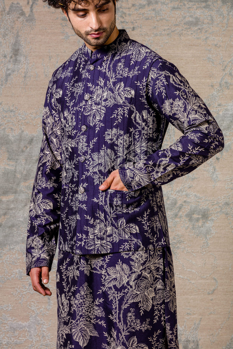 Sunil Grover in Navy Printed Kurta & Jacket Set