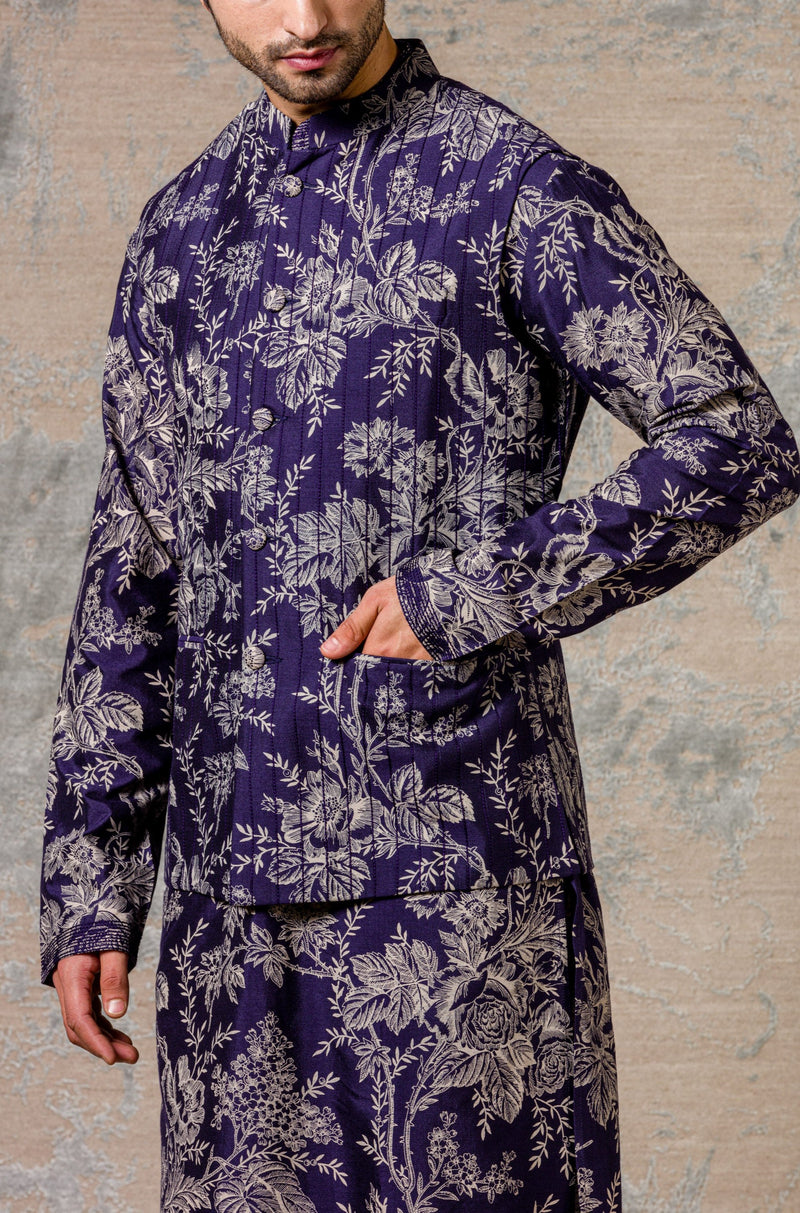 Navy Printed Kurta & Jacket Set