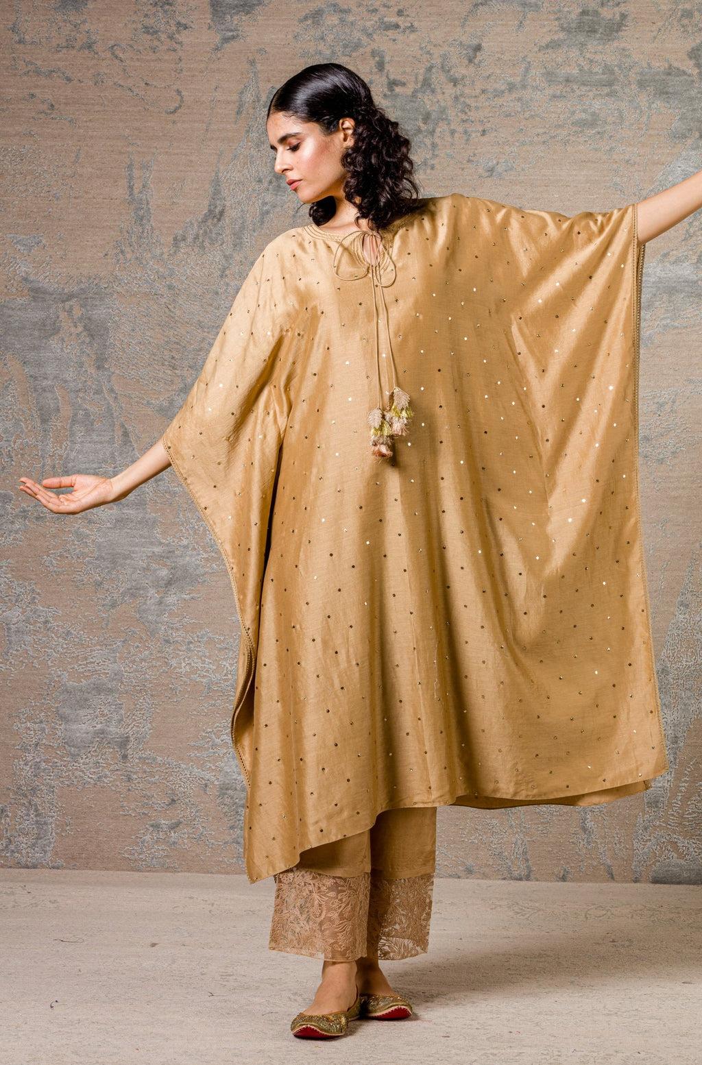 Beige Mul-Mukaish Kaftan Set