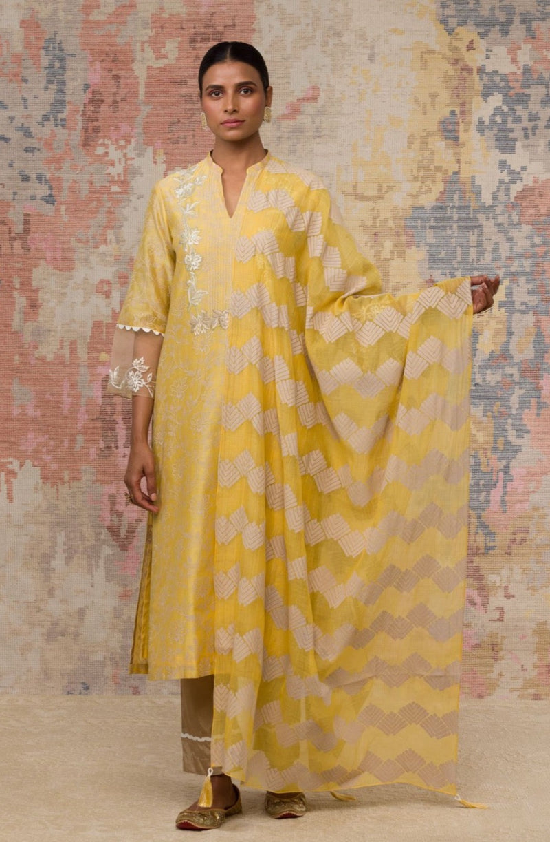 Yellow Chanderi Hand Block Printed Kurta Set