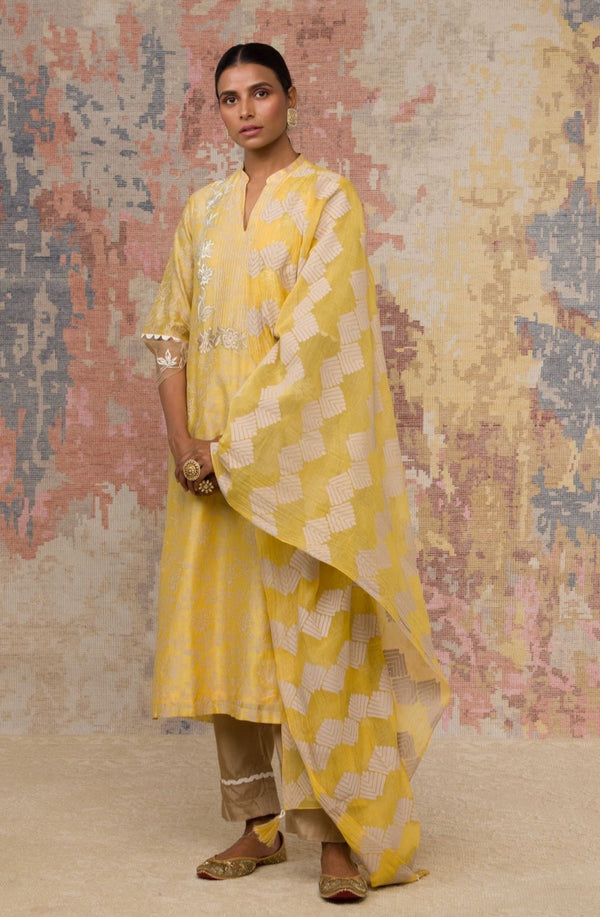 Yellow Chanderi Hand Block Printed Kurta Set