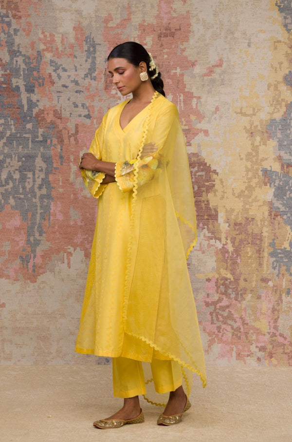Pooja Hegde In Yellow Hand Block Printed Cotton Silk Blend kurta Set