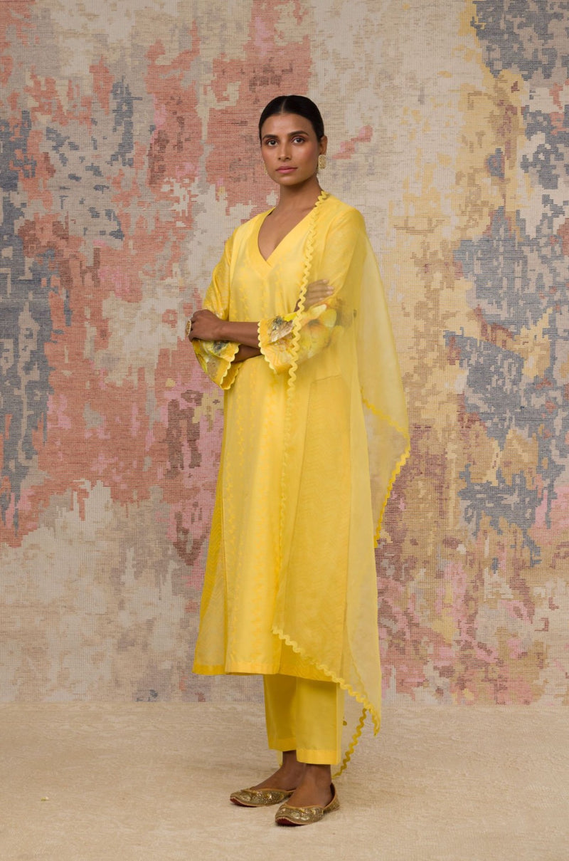 Pooja Hegde In Yellow Hand Block Printed Cotton Silk Blend kurta Set