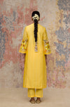 Pooja Hegde In Yellow Hand Block Printed Cotton Silk Blend kurta Set