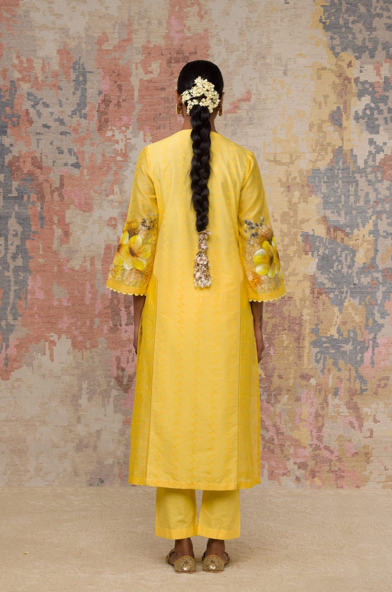 Pooja Hegde In Yellow Hand Block Printed Cotton Silk Blend kurta Set