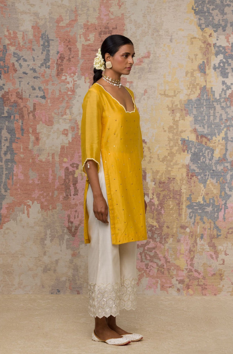 Mustard Mukaish Chanderi Kurta Set