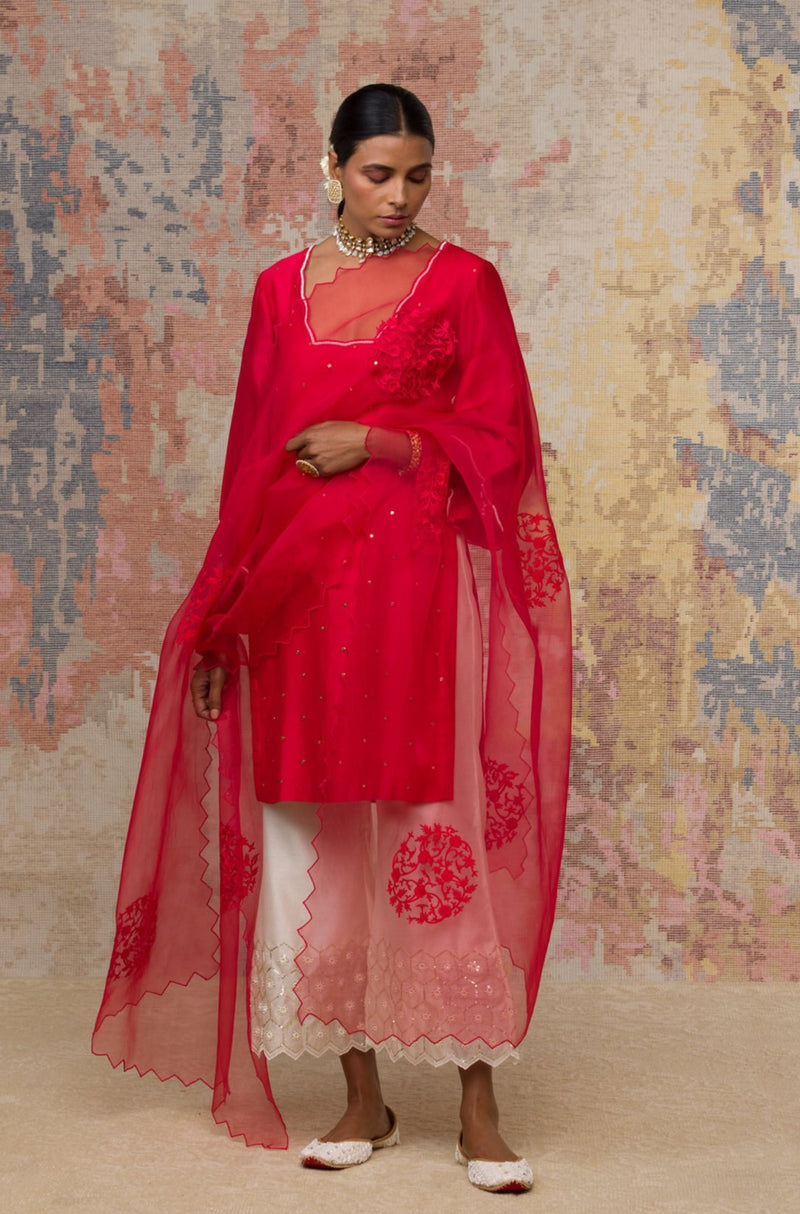 Red Mukaish Chanderi Kurta Set