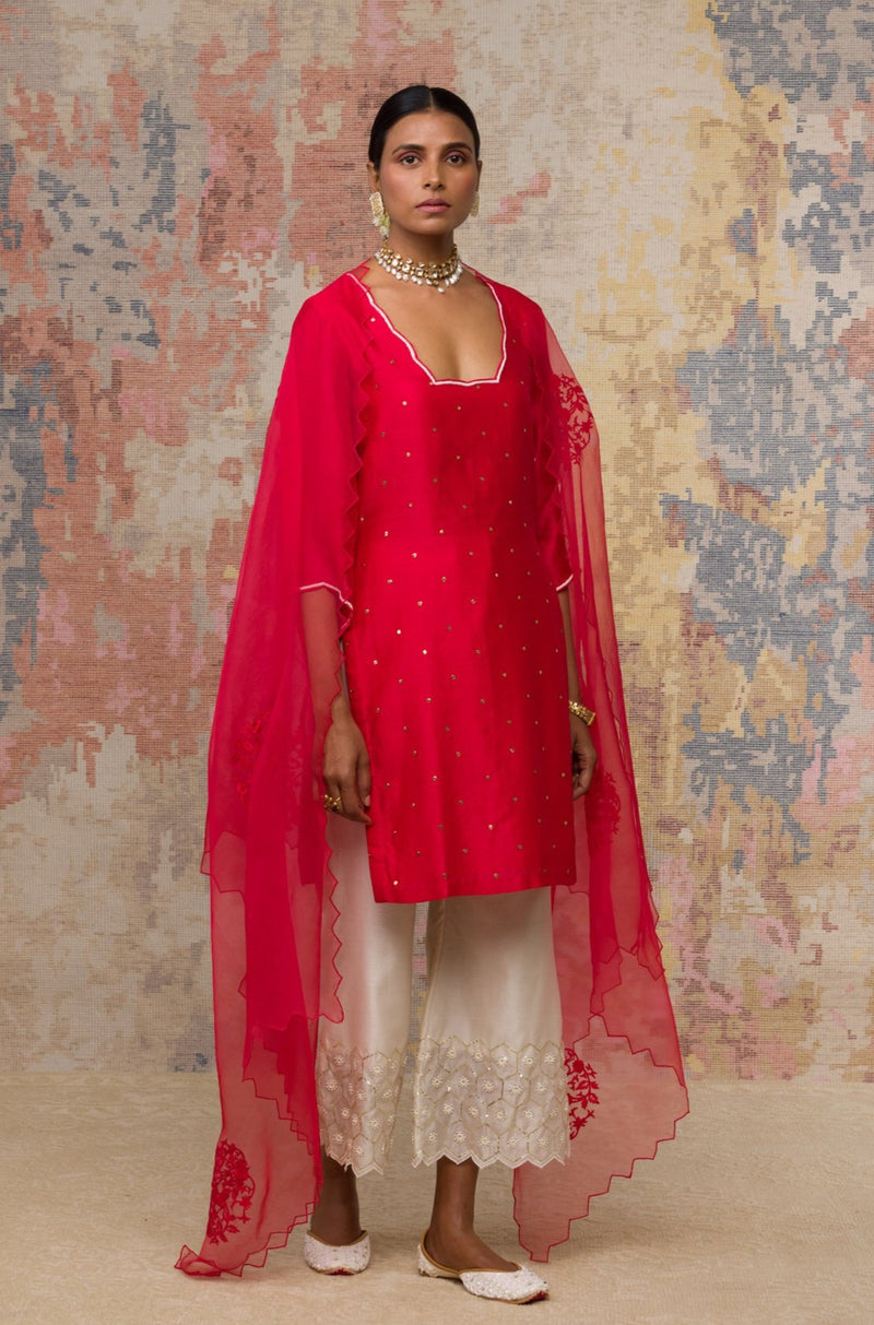 Red Mukaish Chanderi Kurta Set