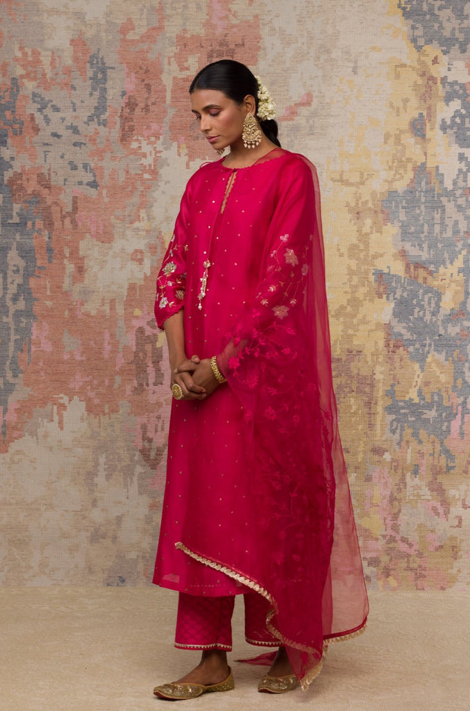 Fuchsia Pink Mukaish Chanderi Kurta Set
