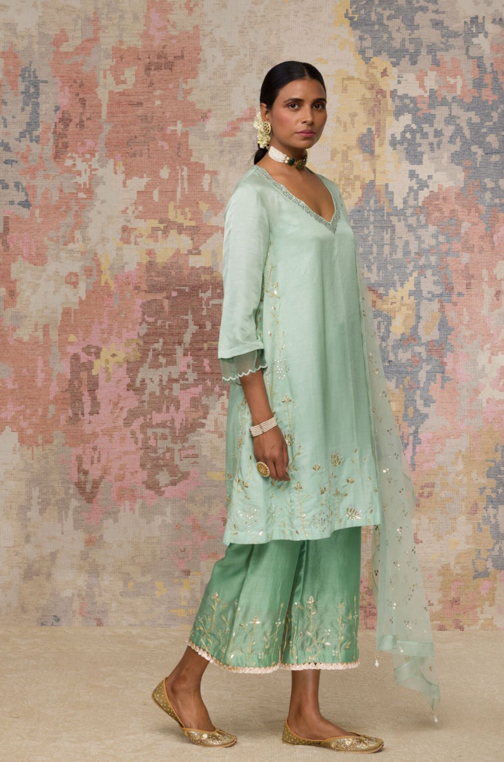 Sea Green Cotton Silk Satin Short Kurta Set