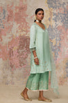 Pooja Hegde in Sea Green Cotton Silk Satin Short Kurta Set