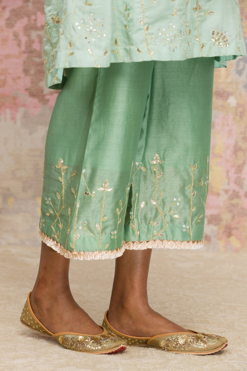 Pooja Hegde in Sea Green Cotton Silk Satin Short Kurta Set