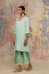 Pooja Hegde in Sea Green Cotton Silk Satin Short Kurta Set