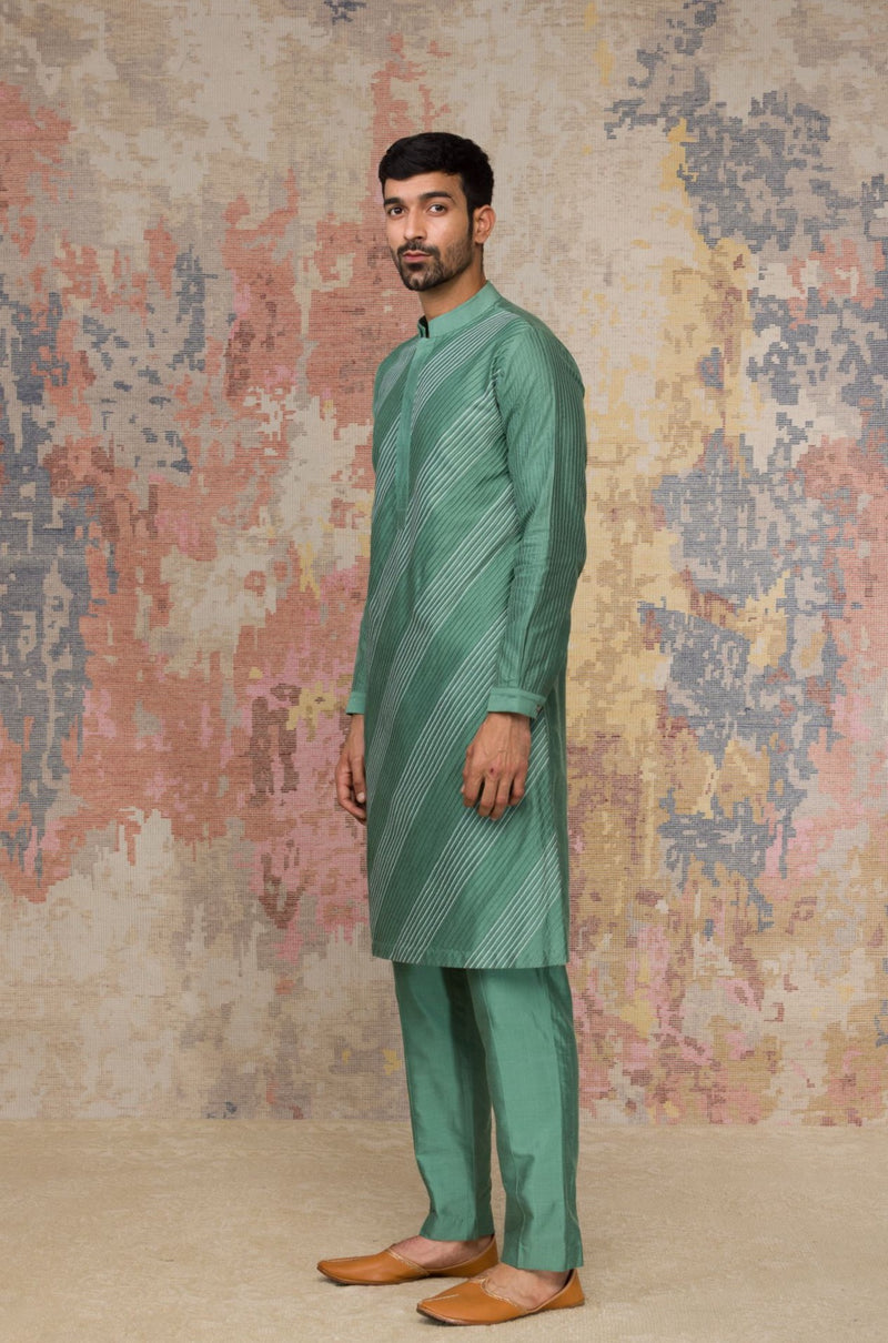 Green Kurta In Cotton Silk Blend Set