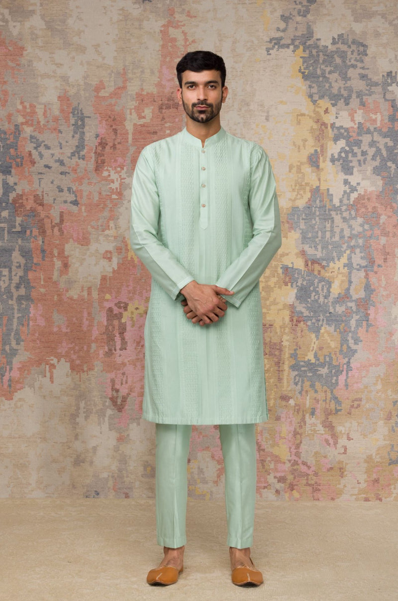 Sea Green Pintuck Kurta In Cotton Silk Blend Set