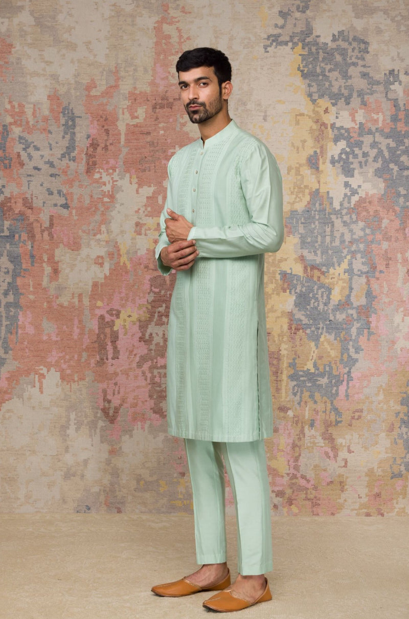 Sea Green Pintuck Kurta In Cotton Silk Blend Set