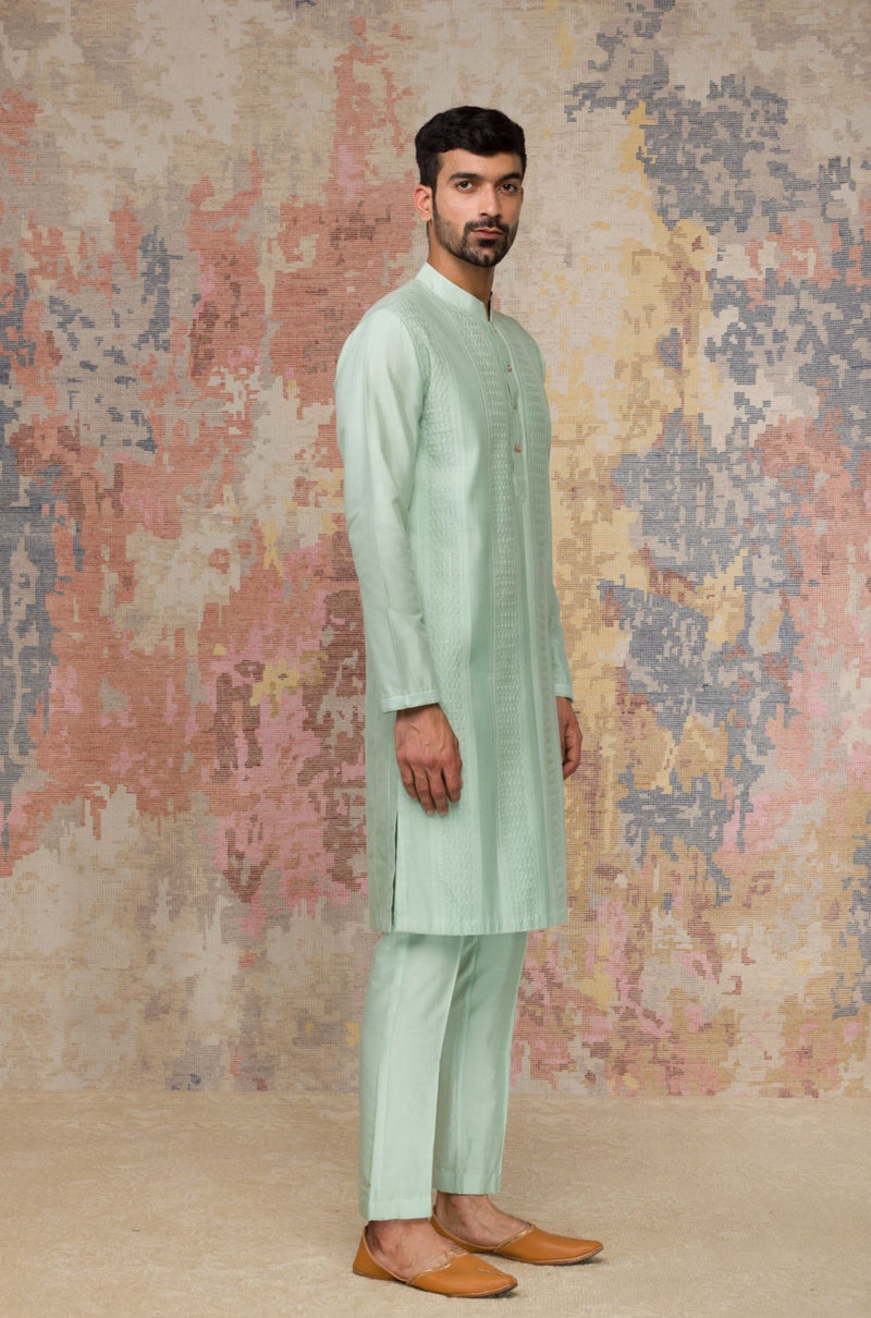 Sea Green Pintuck Kurta In Cotton Silk Blend Set