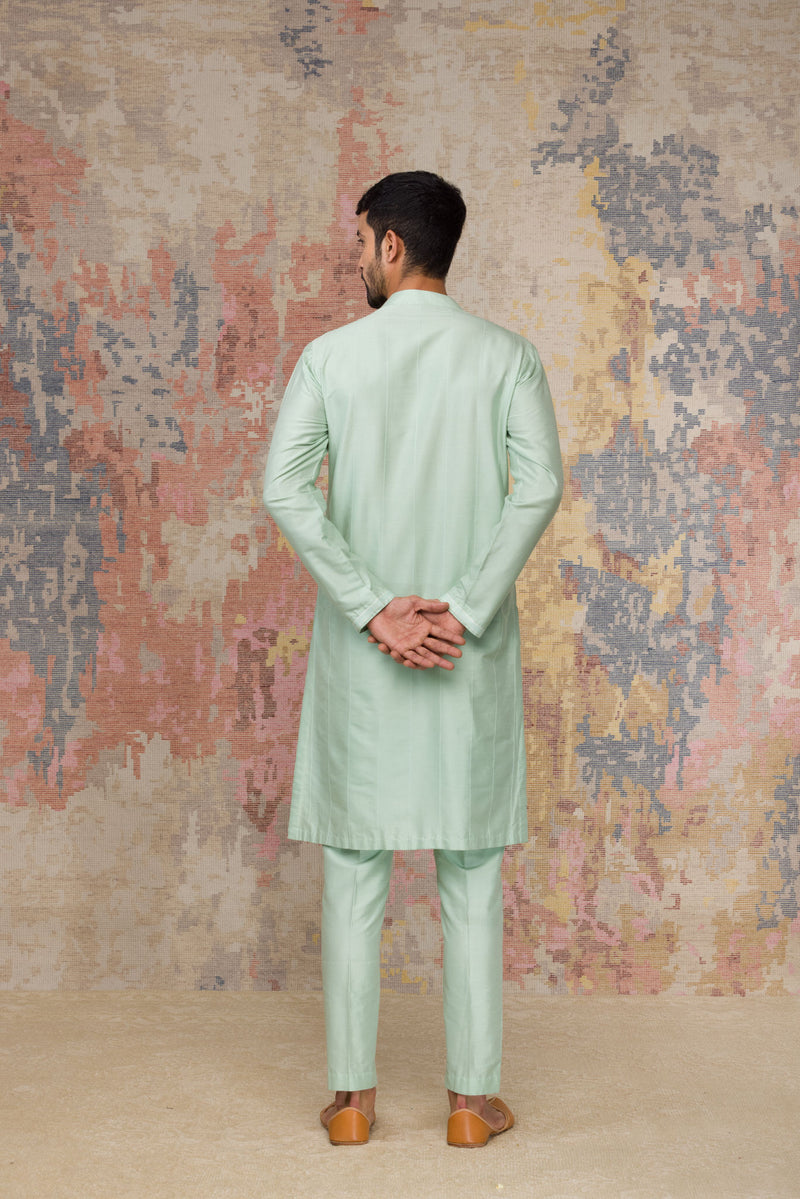 Sea Green Pintuck Kurta In Cotton Silk Blend Set